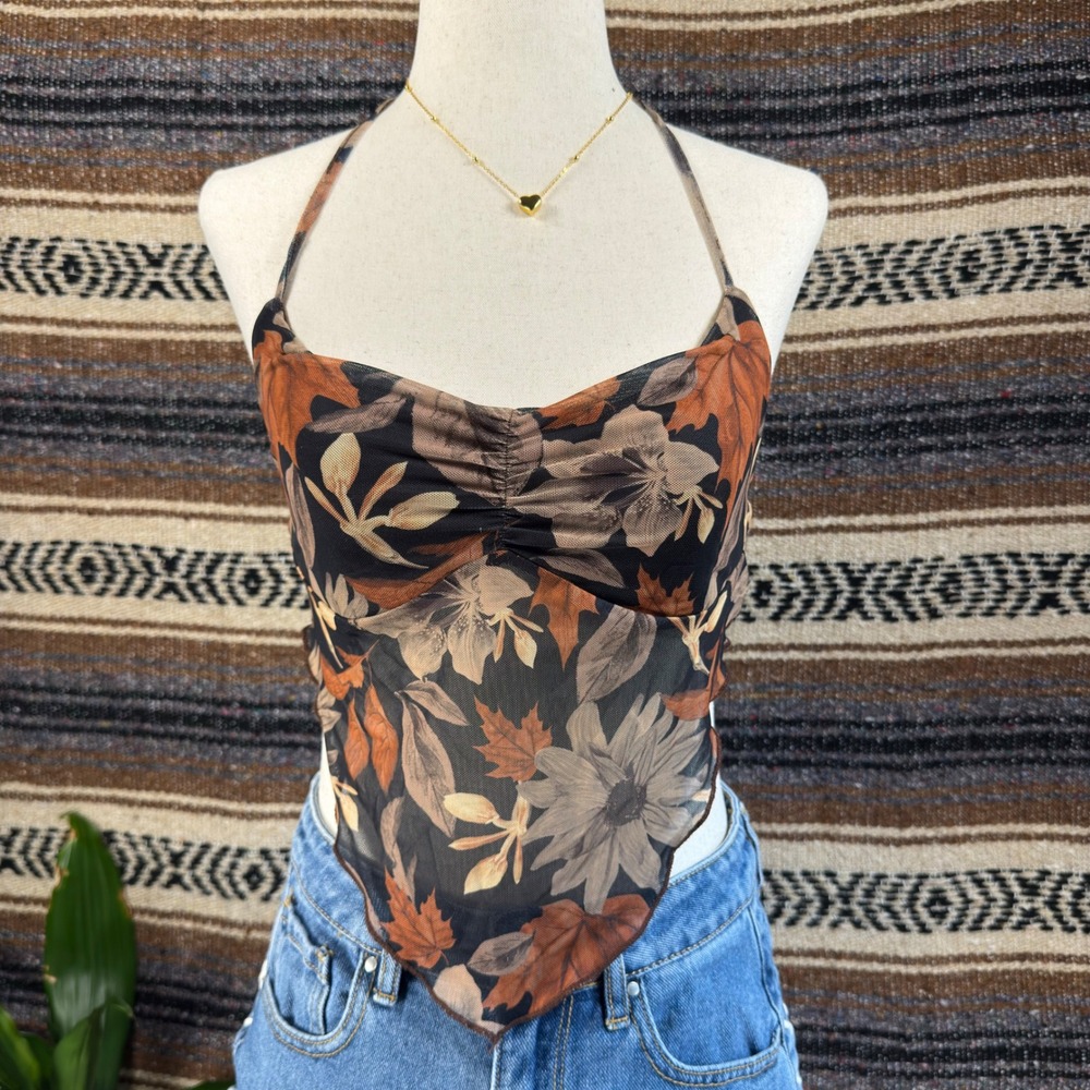 Unbranded Floral Mesh Halter Handkerchief Top Brown Rust Small Y2K Festival